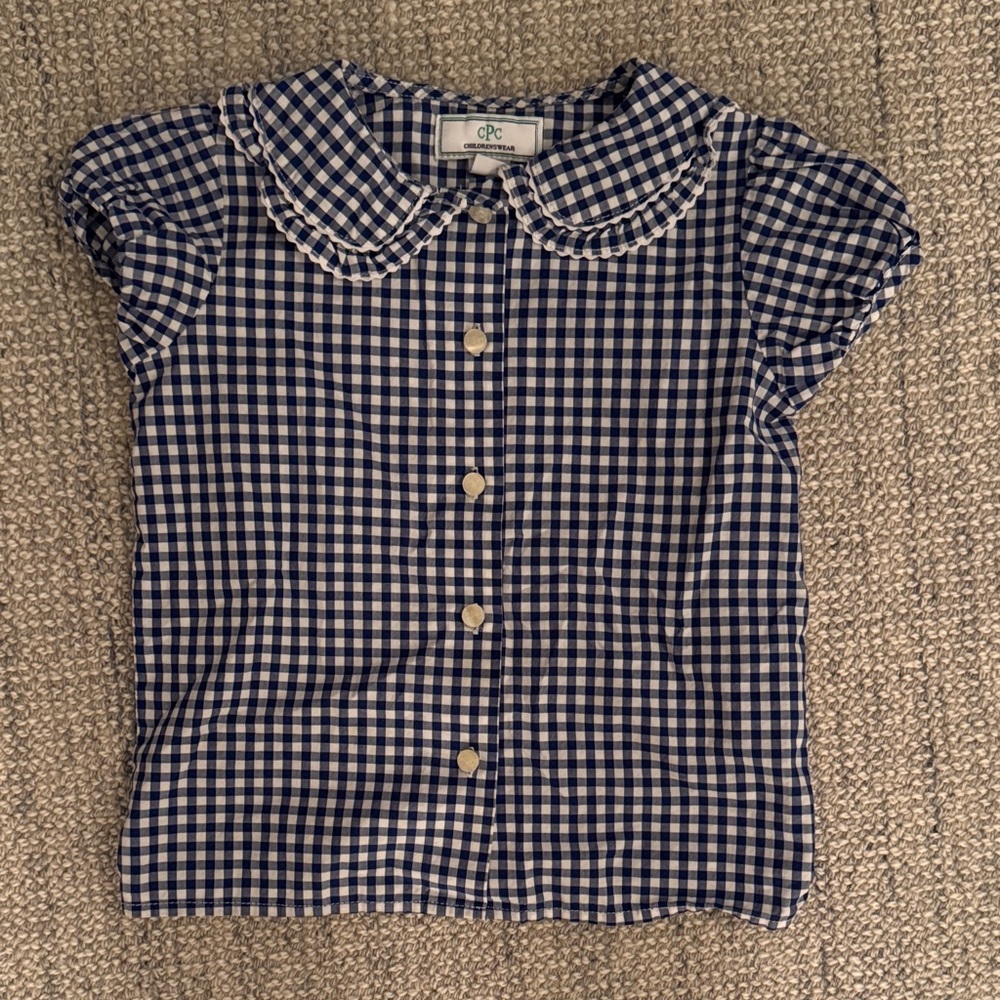Classic Prep Blue and White Checkered Kids Button Down Shirt Peter Pan Collar